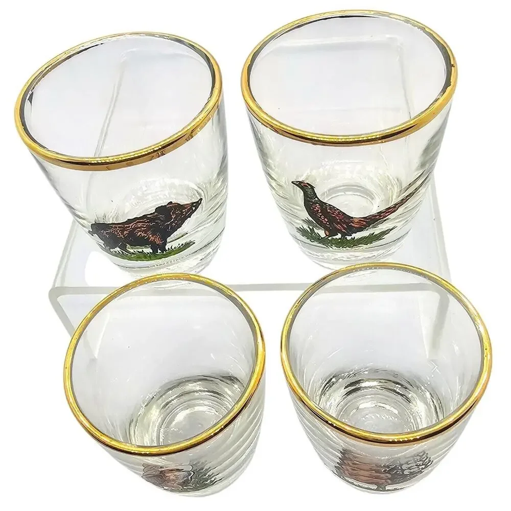 Ruhrglas Vintage Wildlife Game Shot Glasses Gold Rim 5pc Boar Pheasant Hawk Buck